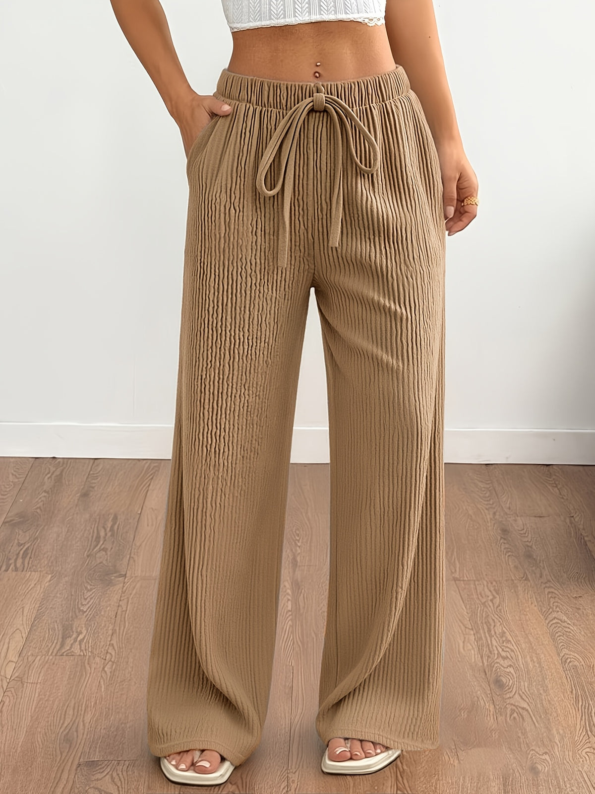 Spring/Autumn Women's Flowy Casual Straight-Leg Pants, Loose-Fit Breathable Wide-Leg Trousers with Faux Drawstring and Pockets, Comfortable and Versatile Summer Outdoor Pants - Khaki