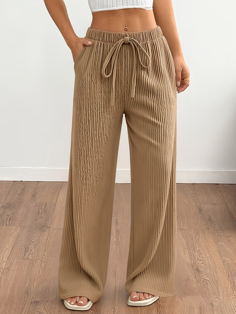 Spring/Autumn Women's Flowy Casual Straight-Leg Pants, Loose-Fit Breathable Wide-Leg Trousers with Faux Drawstring and Pockets, Comfortable and Versatile Summer Outdoor Pants - Khaki