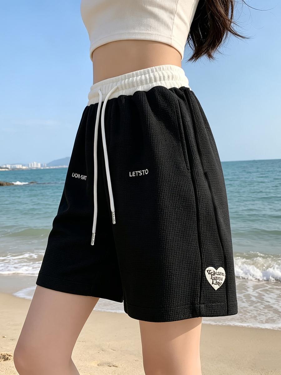 Women's Quick-Dry Summer Shorts Suitable for S & Beach - Wide-Leg Swim Shorts with Height, Straight-Leg & Embroidery, Machine Washable Casual Shorts for, Clothing, American High Street Style - Cool Black
