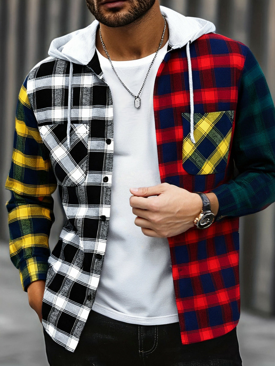 Men's Exquisite Gift: New College Style Trendy Hooded Cardigan with Contrast Color Multi-Patch Drawstring Pocket Design - Space Gray