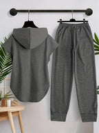 2025 New Women'S Casual Two Piece Drawstring Hoodie And Pants Set - Skull with Love And Coffee Patterns, Sleeveless Hoodie with Pocket, Elastic Waist Pants, Suitable for Spring And Summer, Holiday Gift Ideas - Deep Grey