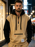 Men'S Fashion Color-Block Pullover Sweatshirt Jacket, Men'S Casual Zipper-Decorated Half-Open Cardigan Sweatshirt Top - Khaki