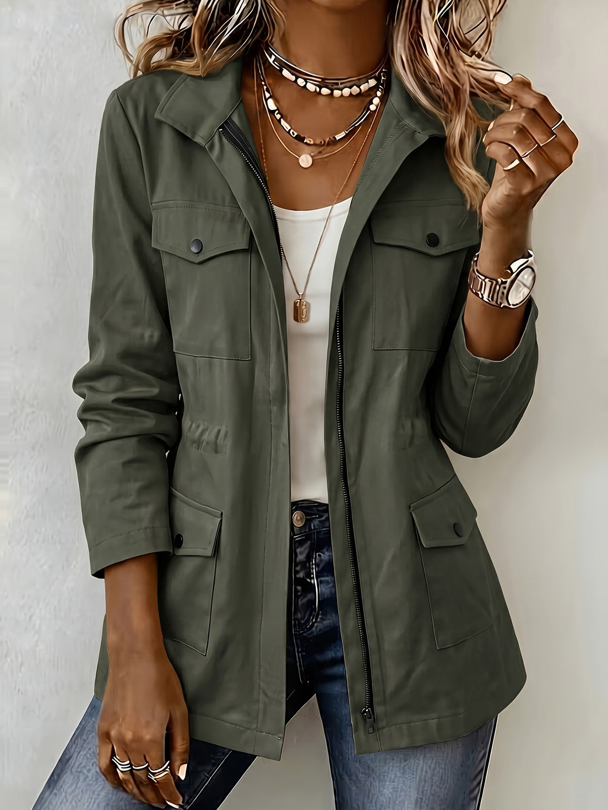 New Spring/Autumn Women's Casual Jacket with Workwear-Style Multiple Pockets, Waist-Cinching Fit, Versatile Outerwear - Olive Green