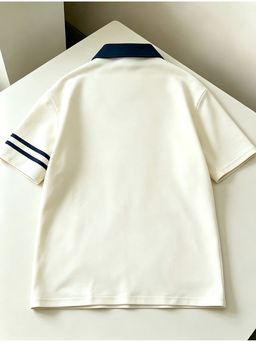 Spring Summer Outdoor Retro Men'S Color-Block Polo Vandelay Lettermanship Lapel T-Shirt - Apricot pin royal blue
