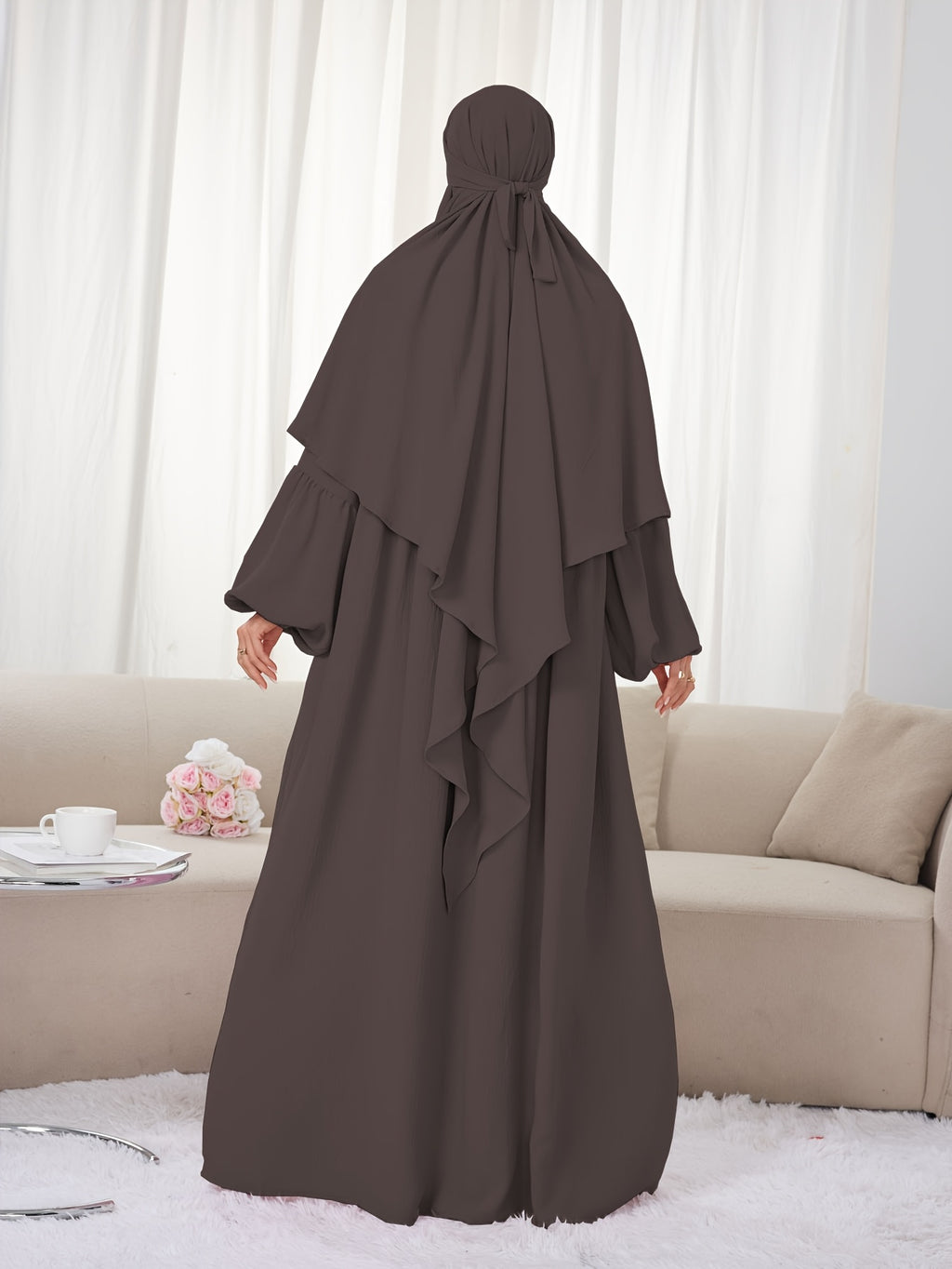 2pcs Set (Khimar And Abaya) Solid Color Muslim Prayer Outfit, Convenient Pullover Style with Lantern Sleeves And Waist Pleats, Paired with Matching Plain Headscarf Hijabs, Essential for Casual Outings, Fashionable Item Prayer Jilbab - Coffee Color