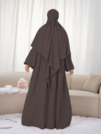 2pcs Set (Khimar And Abaya) Solid Color Muslim Prayer Outfit, Convenient Pullover Style with Lantern Sleeves And Waist Pleats, Paired with Matching Plain Headscarf Hijabs, Essential for Casual Outings, Fashionable Item Prayer Jilbab - Coffee Color
