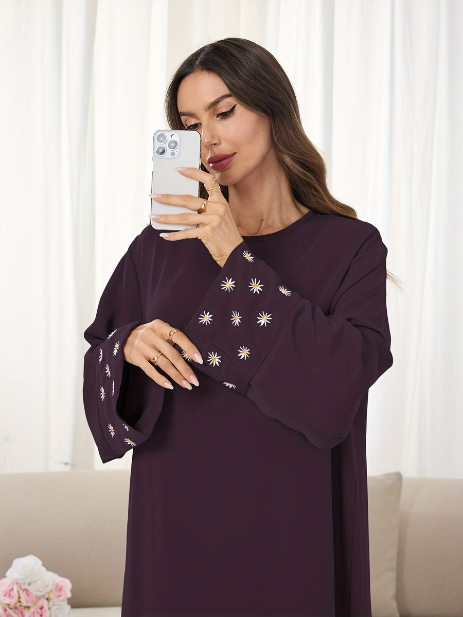 1pc (Headscarf Not Included) Elegant Cute Cuffed Small Daisy Embroidery Dress, Fashionable, Elegant, And Casual Abaya Dress with Embroidered Small Chrysanthemums at The Cuffs, No Scarf, Solid Color, Suitable for Daily Wear - Coffee Color