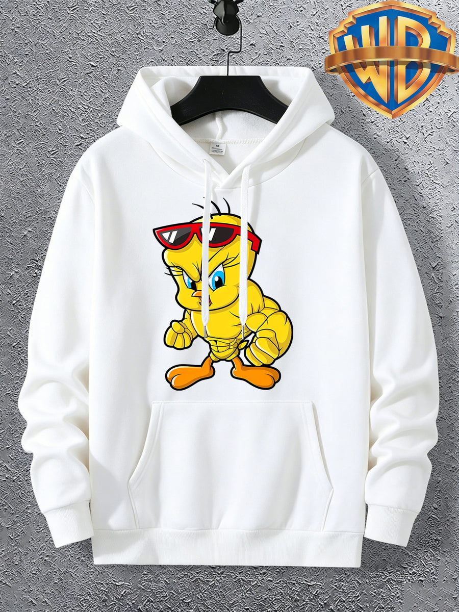 Warner Licensed Men'S Autumn Long Sleeve Hooded Sweatshirt, Durable Ribbed Cuffs, Breathable Polyester Fabric, Funny Muscle Bird Creative Cartoon Print, Suitable for Campus Youth Daily Wear, Class And Social Outings, Loose Drop Shoulder Cut - White