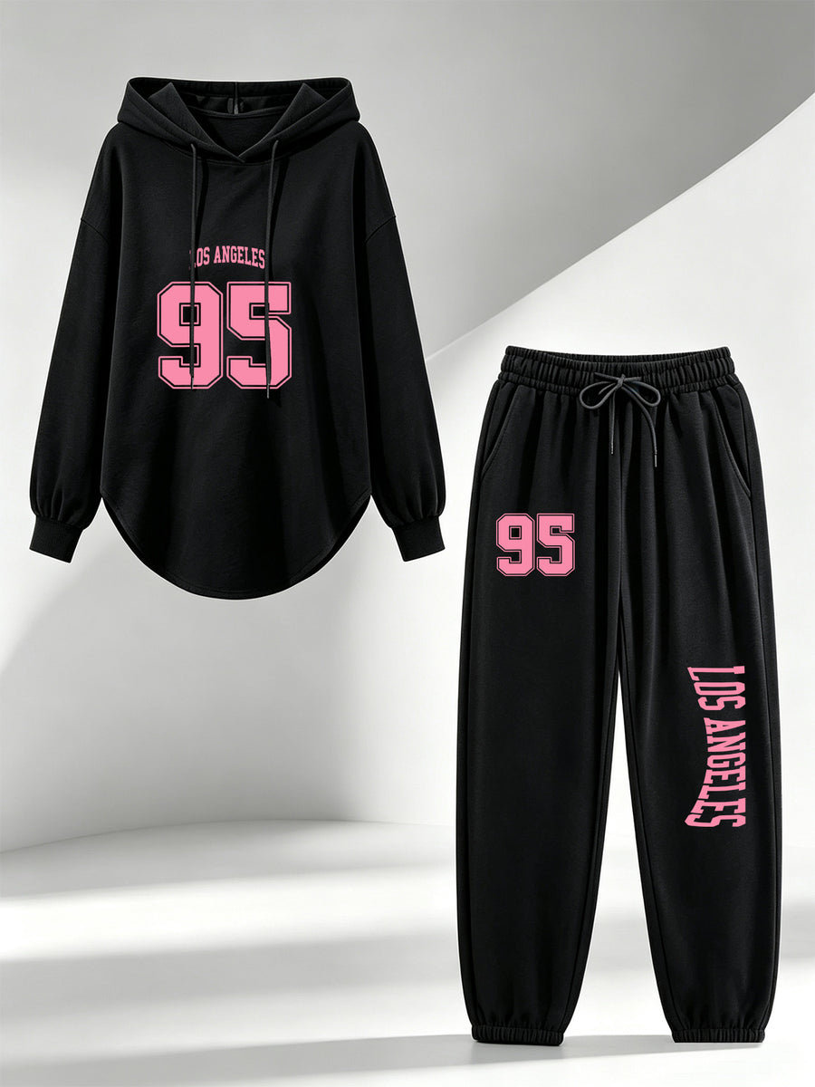 Women'S Los Angeles Print Two-Piece Tracksuit - Casual Oversized Long Sleeve Hoodie And Drawstring Elastic Waist Jogger Pants Set, Comfortable Athleisure Loungewear - Perfect for Daily Wear, Sports, Gym, Vacation, And Gift for Her - Black