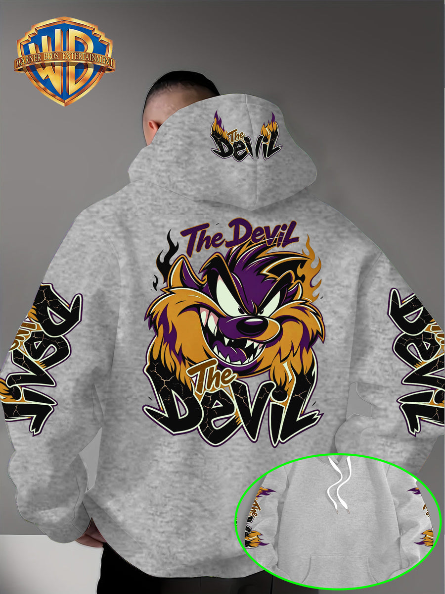 Le Yitong Big Mouth Monster The Devil Flame Print Hooded Sweatshirt, with Sleeve Print Design, Kangaroo Pouch And Drawstring Hood, Suitable for Autumn/Winter Casual Wear And Outdoor Activities - Grey