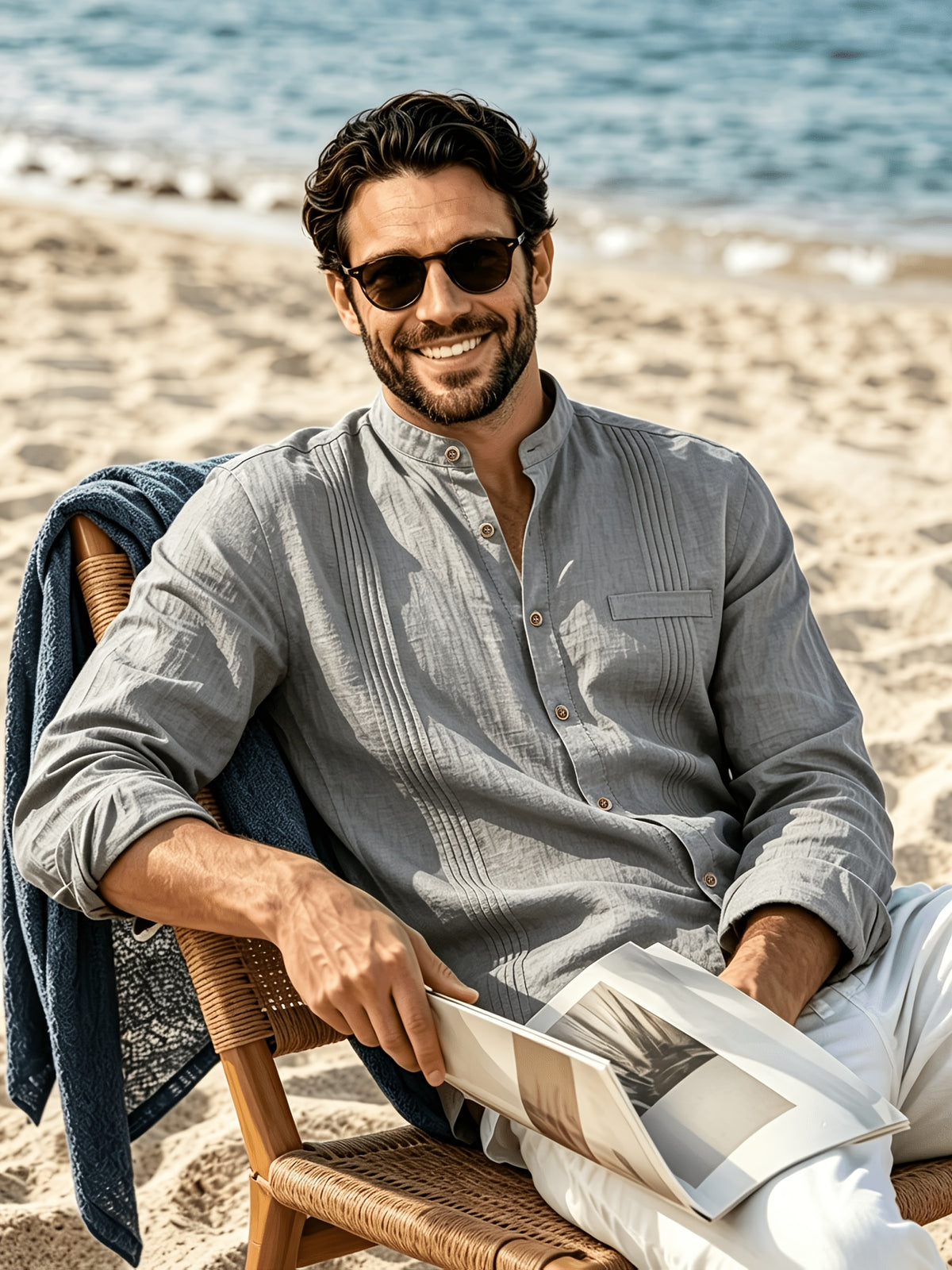 Men's Lightweight Breathable Linen Shirt with Stand-Up Collar & Roll-Up Sleeves - Retro Button-Front Suitable for Beach Vacation, Commuting, Casual Wear, Symmetrical Pleats, Single Pocket, Machine Washable Summer Top (Gift Selection) - Grey