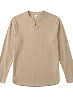Men's Vertical Pin-Stripe V-Neck Henley Long-Sleeve T-Shirt, Slim Fit Stretch Textured Top, Spring/Autumn Casual Base Layer Men's Apparel - Khaki