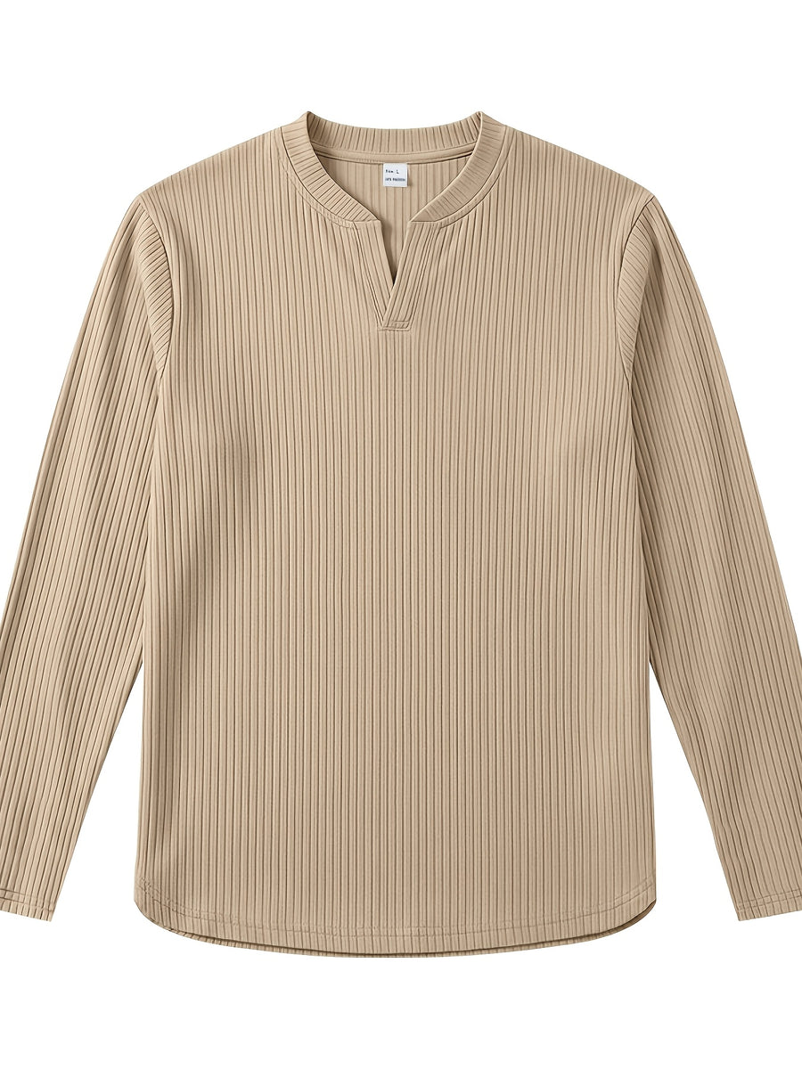 Men's Vertical Pin-Stripe V-Neck Henley Long-Sleeve T-Shirt, Slim Fit Stretch Textured Top, Spring/Autumn Casual Base Layer Men's Apparel - Khaki