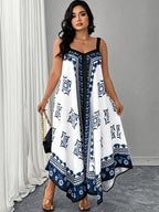 Plus Size - Plus Size - Large Size Women'S Fashionable Geometric Print Sleeveless Loose Long Suspender Dress - Royal Blue