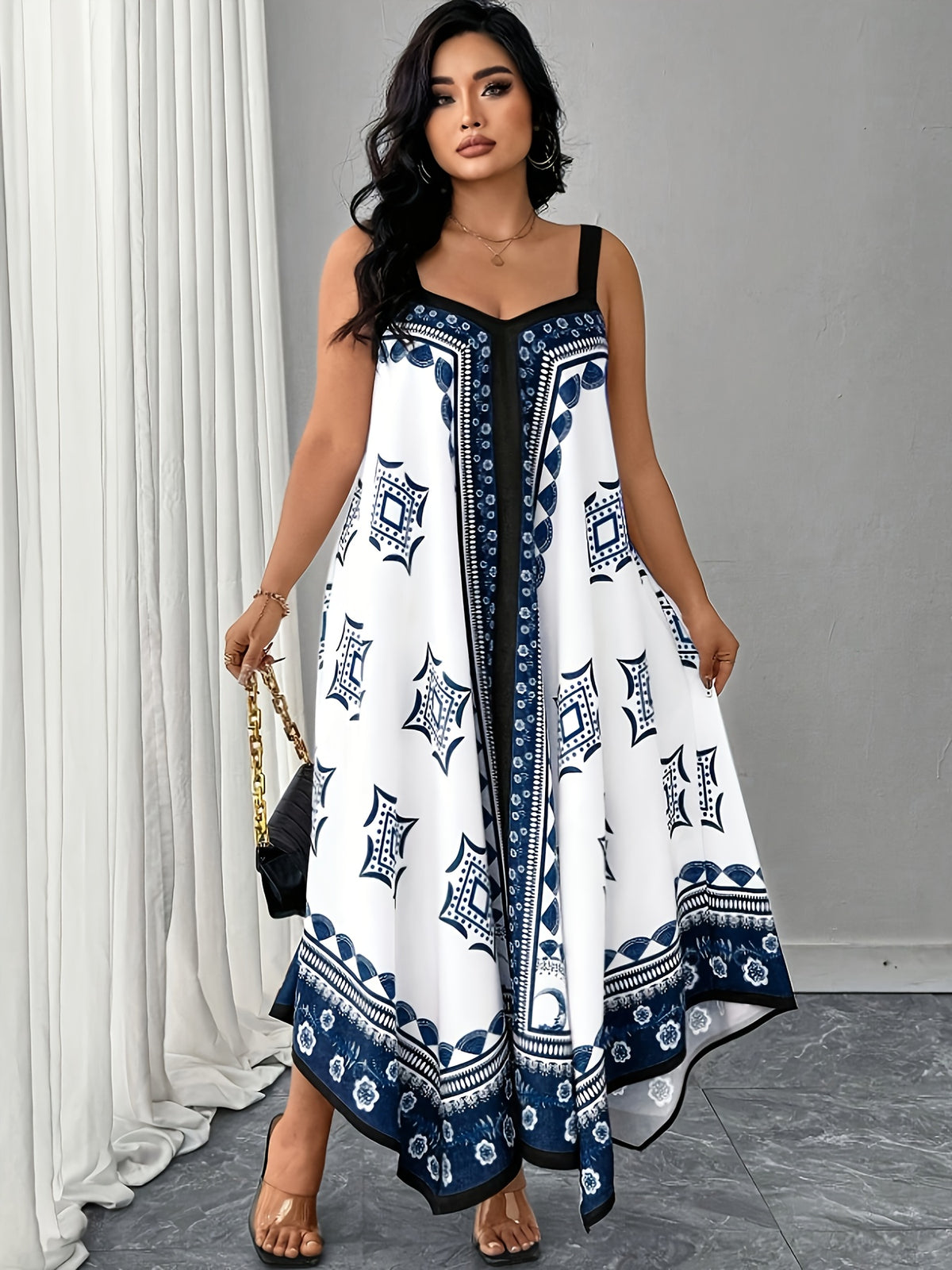 Plus Size - Plus Size - Large Size Women'S Fashionable Geometric Print Sleeveless Loose Long Suspender Dress - Royal Blue