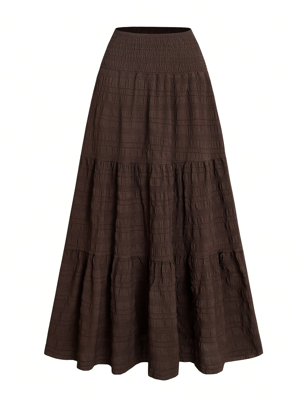 Women's Elegant Bohemian Smock Skirt - Double-Layer Smock Hem Maxi Length, Loose -Line Swing Skirt Suitable for Daily Wear, Office, Travel, Machine Washable Solid Color Skirt for Spring Summer Fall - Coffee Brown
