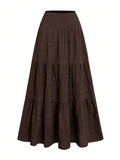 Women's Elegant Bohemian Smock Skirt - Double-Layer Smock Hem Maxi Length, Loose -Line Swing Skirt Suitable for Daily Wear, Office, Travel, Machine Washable Solid Color Skirt for Spring Summer Fall - Coffee Brown