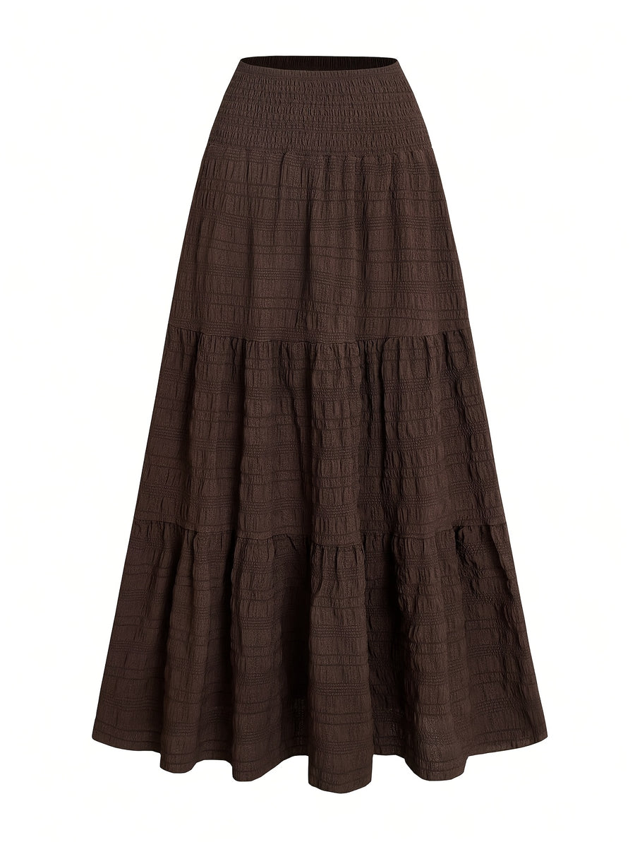 Women's Elegant Bohemian Smock Skirt - Double-Layer Smock Hem Maxi Length, Loose -Line Swing Skirt Suitable for Daily Wear, Office, Travel, Machine Washable Solid Color Skirt for Spring Summer Fall - Coffee Brown