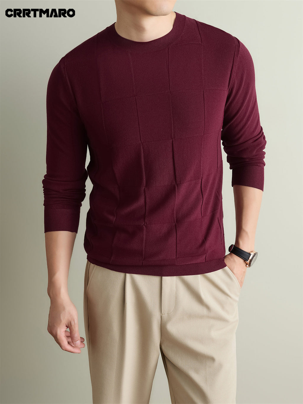 Men's CRRTMARO Textured Check Sweater - Warm Crew Neck Pullover Sweater Suitable for Fall & Winter, Casual Layering Top with Solid Color Base, Regular Fit Sweater for Office, -Casual Wear (Hand Washable) - Fuchsia