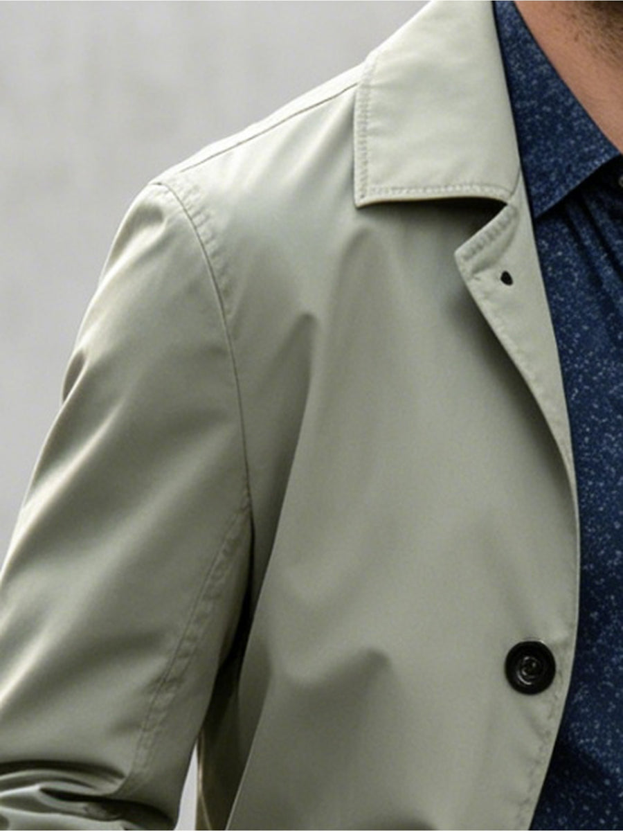 Men's Mid-length Trench Coat with Lapel and Two-button Closure, a Business-casual Windproof Outerwear Jacket, Includes Gloves, Size P - Light Green