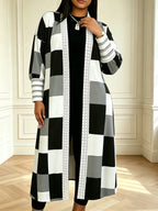 Autumn/Winter Color-Block Plaid Long Cardigan, Fashionable Commuter Elegant Casual Jacket for Women - Multicolor