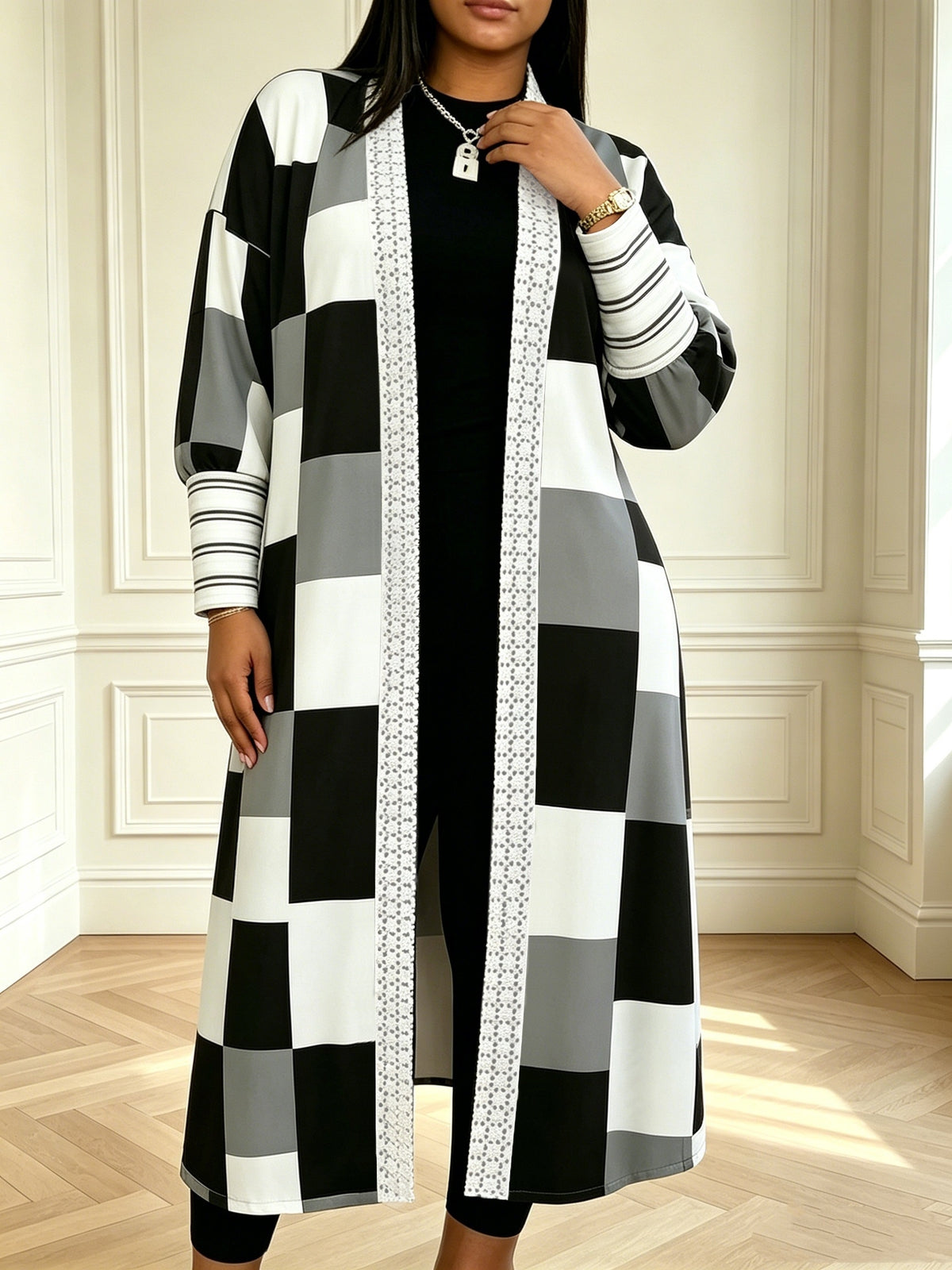 Autumn/Winter Color-Block Plaid Long Cardigan, Fashionable Commuter Elegant Casual Jacket for Women - Multicolor