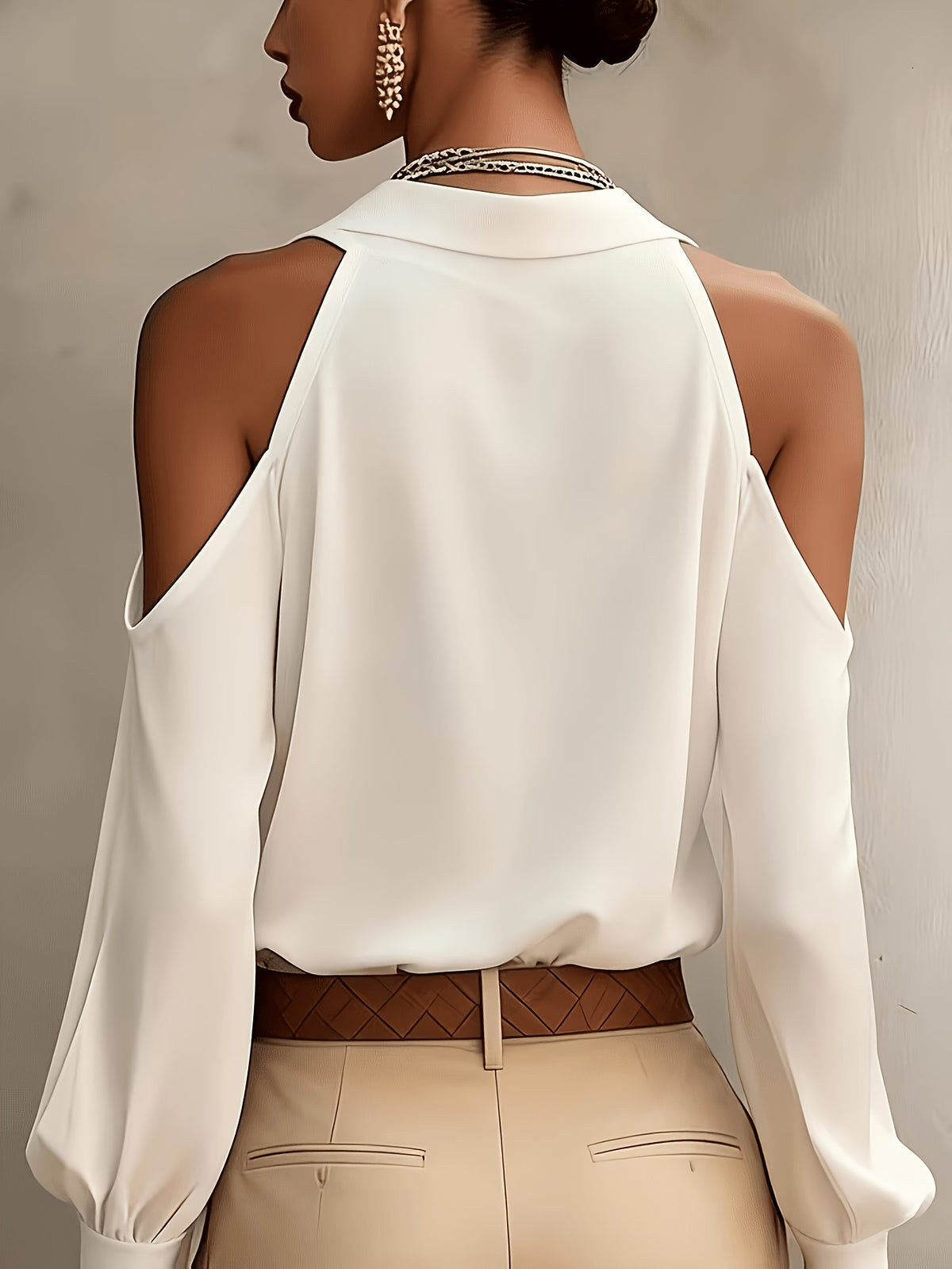 Women's Elegant Top, Summer Off-Shoulder Solid Color Blouse, for Commuting, Dating, and Daily Versatile Wear, with Lapel Collar and Buttons, Solid Color Long Sleeve Shirt ASD1 - White