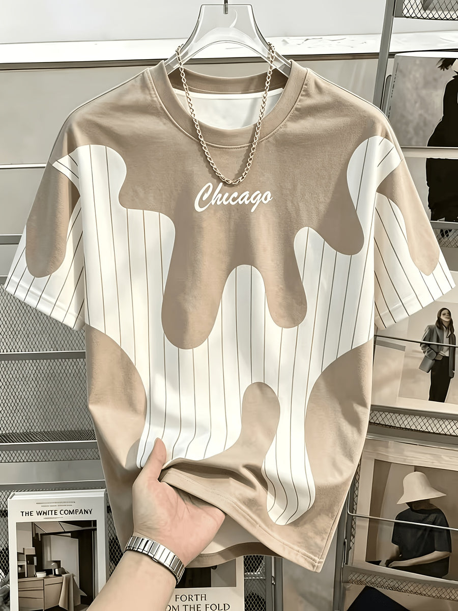 Men'S Casual Round Neck T-Shirt, Geometric Pattern Patchwork Striped Design, "Chicago" Word Pattern, Drapey Fashion Top, All-Season Wear, Breathable Regular Fit for Casual And Formal Outfits - Round Neck Casual Top, Comfortable Wear - Khaki