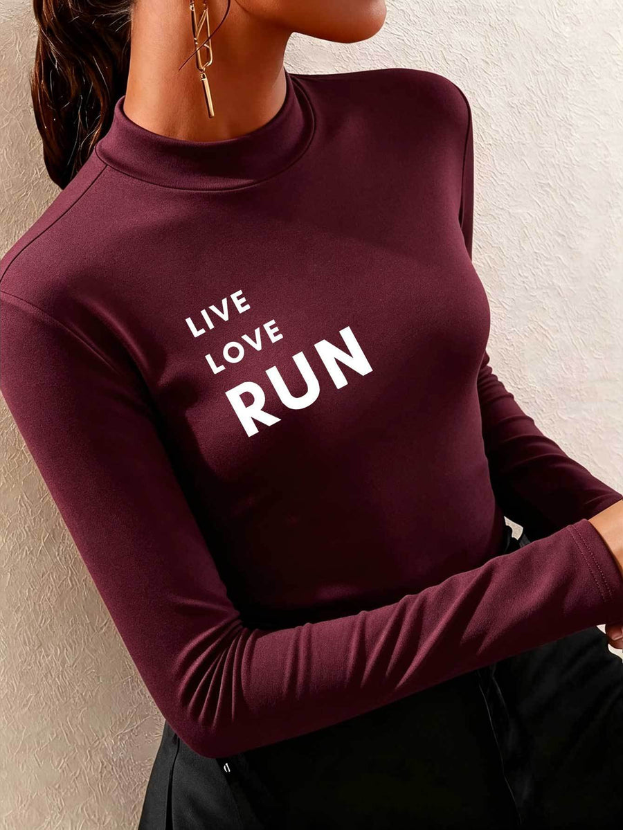 Women'S Easy Trendy Warm Long Sleeve Half Turtleneck Base Layer Top, Hot Trendy LOVE RUN Letter Print Pattern, Spring Autumn Winter New Casual Age-Reducing Stylish Long Sleeve Top, Fashionable Elegant Design Layering - Burgundy