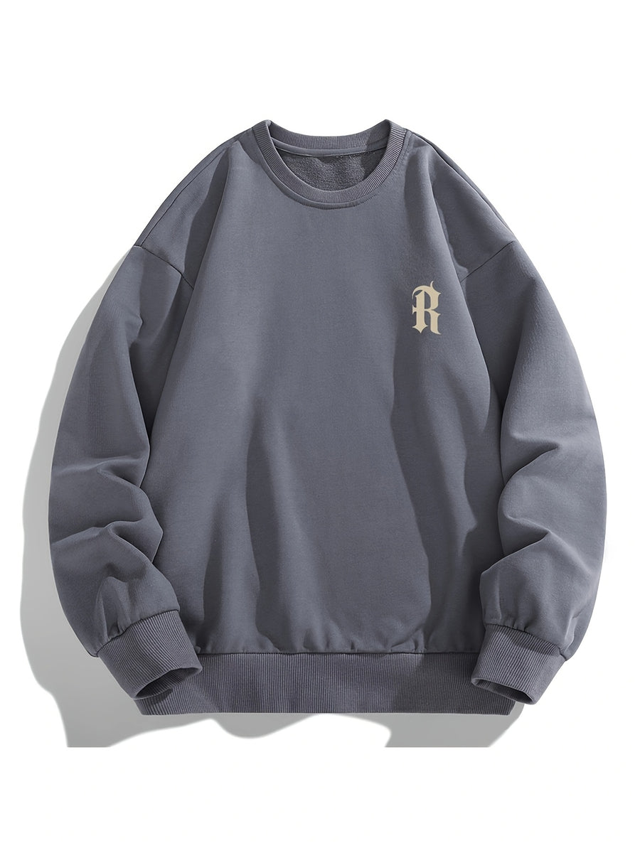 Men'S Crew Neck Sweatshirt, Spring And Autumn Chest Logo Print Pullover Top, Youth Loose Casual Versatile Long Sleeve Base Shirt - Dark Gray
