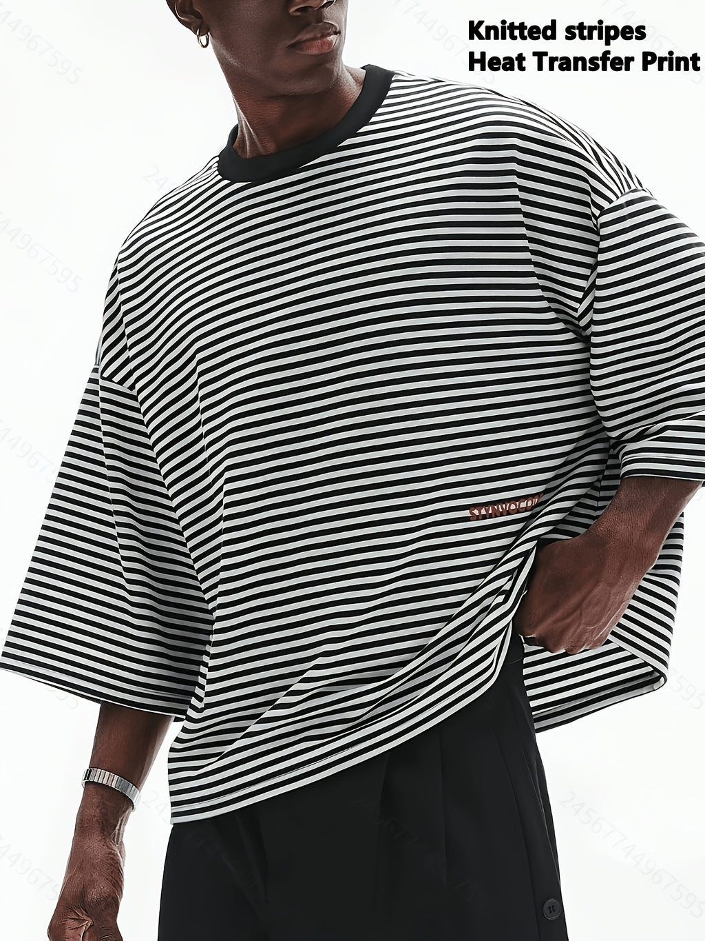 Summer Striped Cropped Loose-Fit Crew Neck T-Shirt, Men's Drop-Shoulder Simple Versatile Casual Top, Machine Washable - Stripe