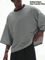 Summer Striped Cropped Loose-Fit Crew Neck T-Shirt, Men's Drop-Shoulder Simple Versatile Casual Top, Machine Washable - Stripe