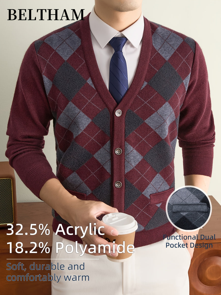 New Autumn Winter Men Thick Knit Cardigan, Ideal Gift for Dad & Husband, Button Design with Pockets, Cold Resistant Warm Sweater, Minimal Elegant Versatile Knit Cardigan Coat for Daily Outdoor Business Casual Camping Wear - Burgundy
