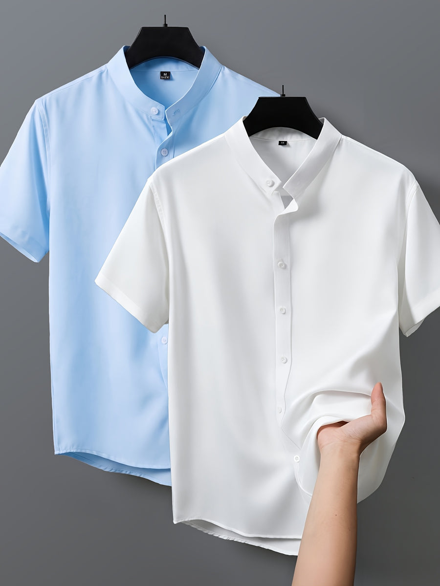 2pcs Men's Short-Sleeve Shirts, Henley/Stand-Up Collar Design, Summer Casual Outerwear - Style2