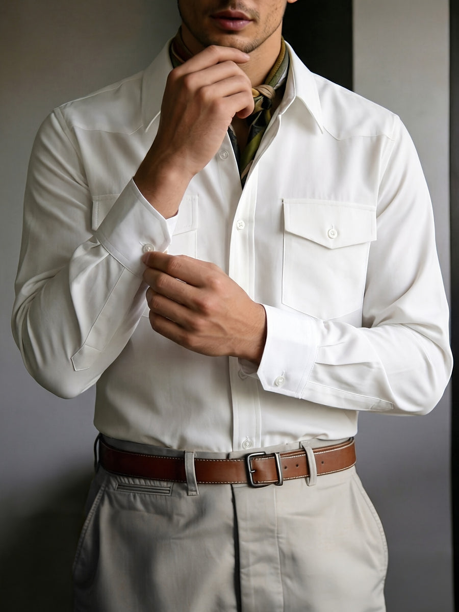 Men's Solid Color Button- Shirt with Double Pocket Collar - Machine Washable Long Sleeve Work Shirt Suitable for Business Casual, Commuting & Office Wear, Button-Front Collar Top for Spring/Autumn Layering (Adult Gift), father's day - White