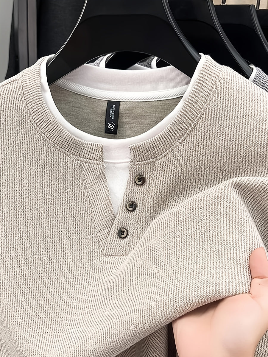 Autumn/Winter New V-Neck Button Design Color-Blocked Spliced Crew Neck Men's Sweater, Thickened Warm Versatile Casual Knitwear, Skin-Friendly and Comfortable, Durable and Breathable Pullover Men's Top BD26806 - Apricot