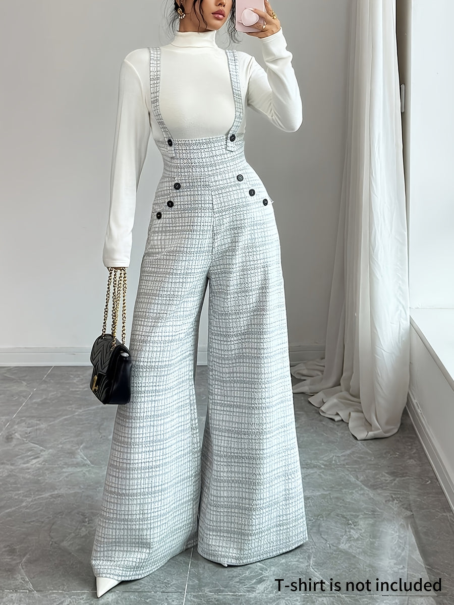 ZD260616091 Directional Style Women'S Casual Fashion Side-Pocket, Button-Decorated Checkered Suspender Pants - Grey Plaid