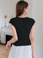 Women'S Solid Color V-Neck Twist Ruched Fitted Batwing T-Shirt, Elegant Office Business Casual Top, Summer Wear - Black