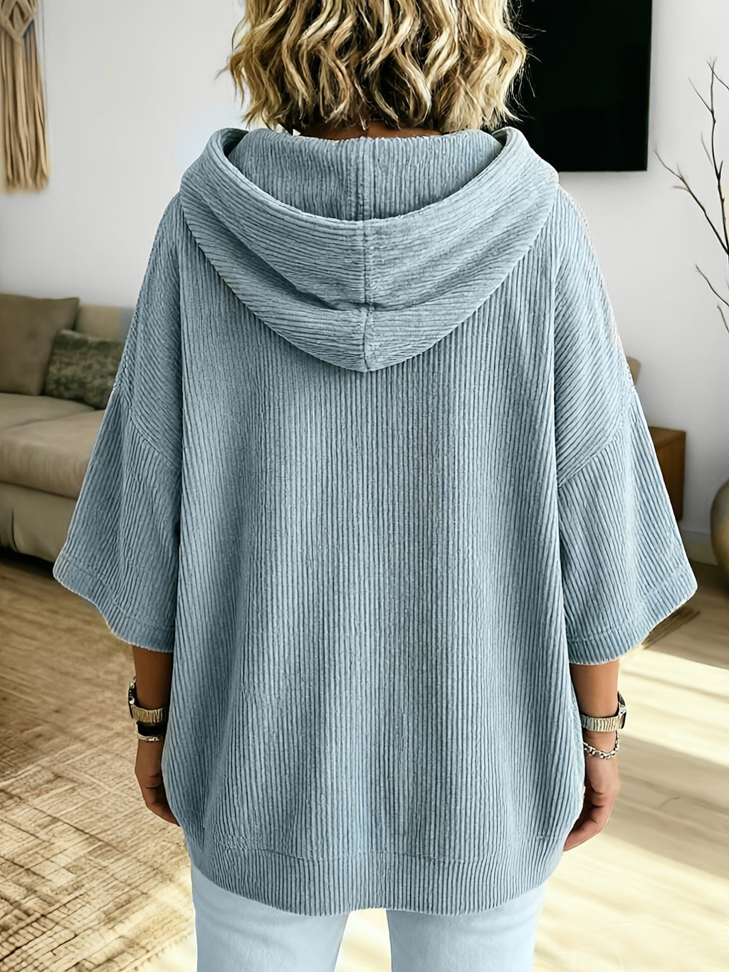 Plus Size - Women'S Casual Corduroy Drawstring Hooded Sweatshirt, Classic Versatile Hooded Top Elegant Women'S Top, Loose Fit Comfortable Sweatshirt Suitable for Commute And Casual Wear Spring/Autumn Clothing - Light Blue
