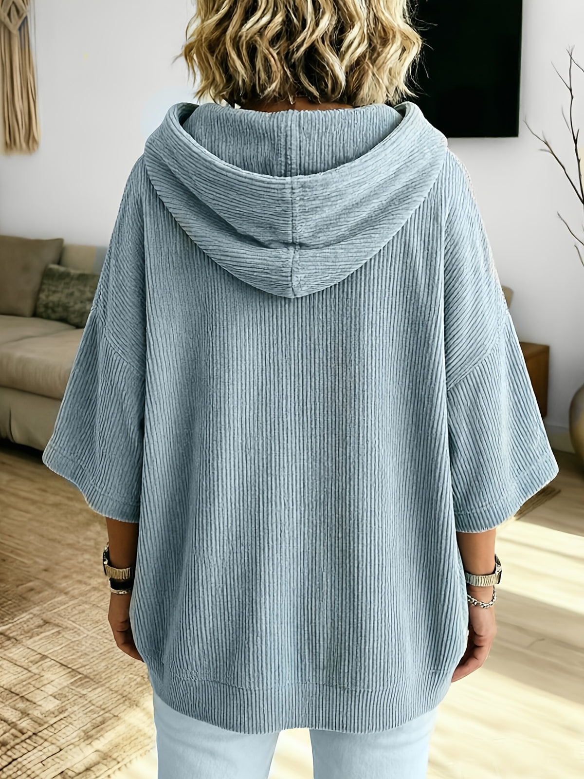 Plus Size - Women'S Casual Corduroy Drawstring Hooded Sweatshirt, Classic Versatile Hooded Top Elegant Women'S Top, Loose Fit Comfortable Sweatshirt Suitable for Commute And Casual Wear Spring/Autumn Clothing - Light Blue