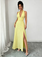 Summer New Women'S Slightly Mature Style Vacation Long Dress, Halter Neck Backless Tie Design, Bubble Texture Fabric, Side Slit Waist-Cinching Fairy Dress - Yellow
