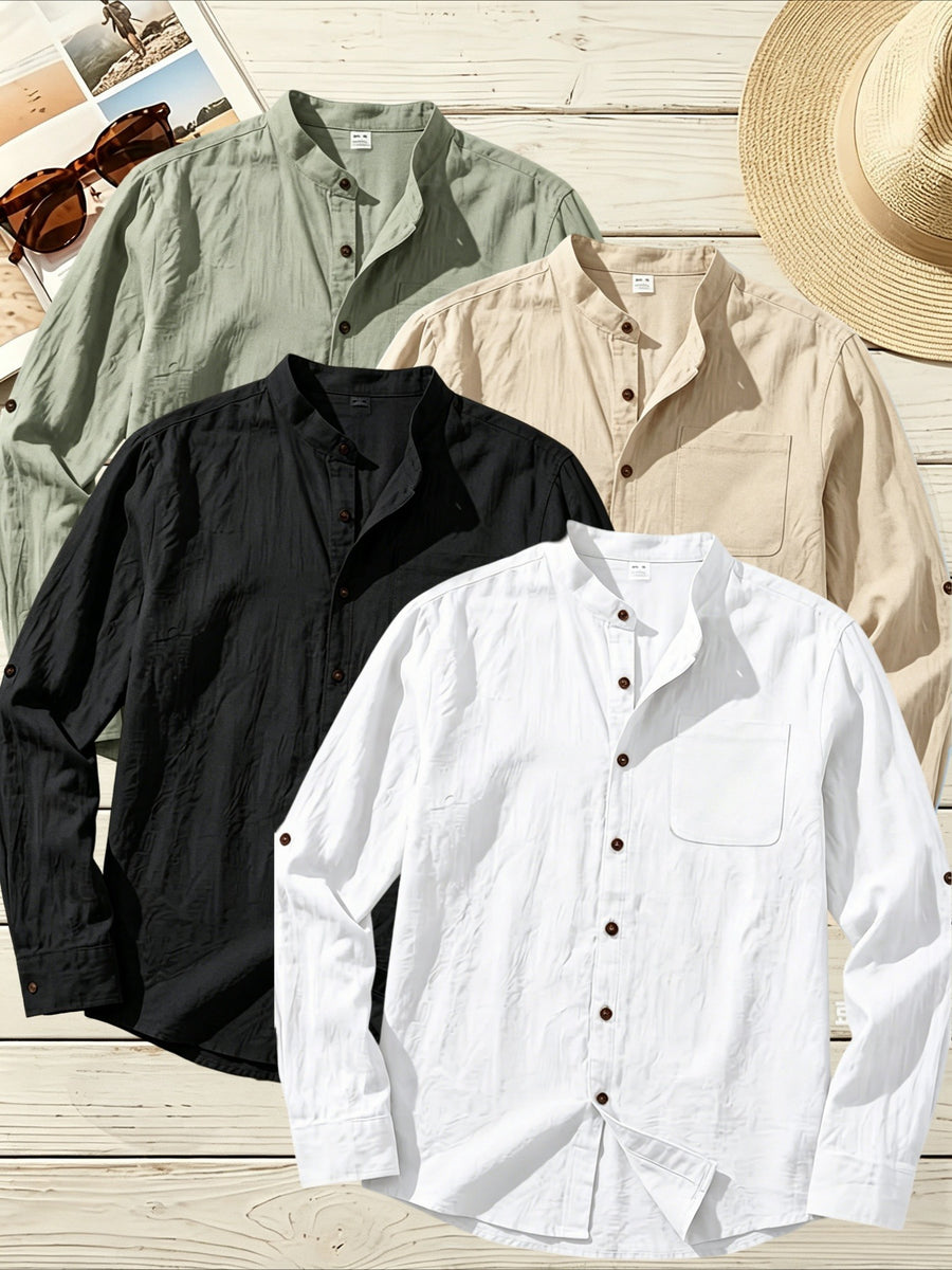4pcs Men'S Stand Collar Linen Blend Long Sleeve Shirt, Beach Vacation Casual Commute Wear, Breathable Lightweight Relaxed Style Spring Summer Autumn Loose Straight Cut with Roll-Up Cuffs And Chest Pocket, Multi-Color Available - Green+Khaki+Black+White
