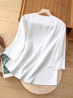 Ladies Color Contrast Lace Three Quarter Sleeve Loose Fashion Shirt - White