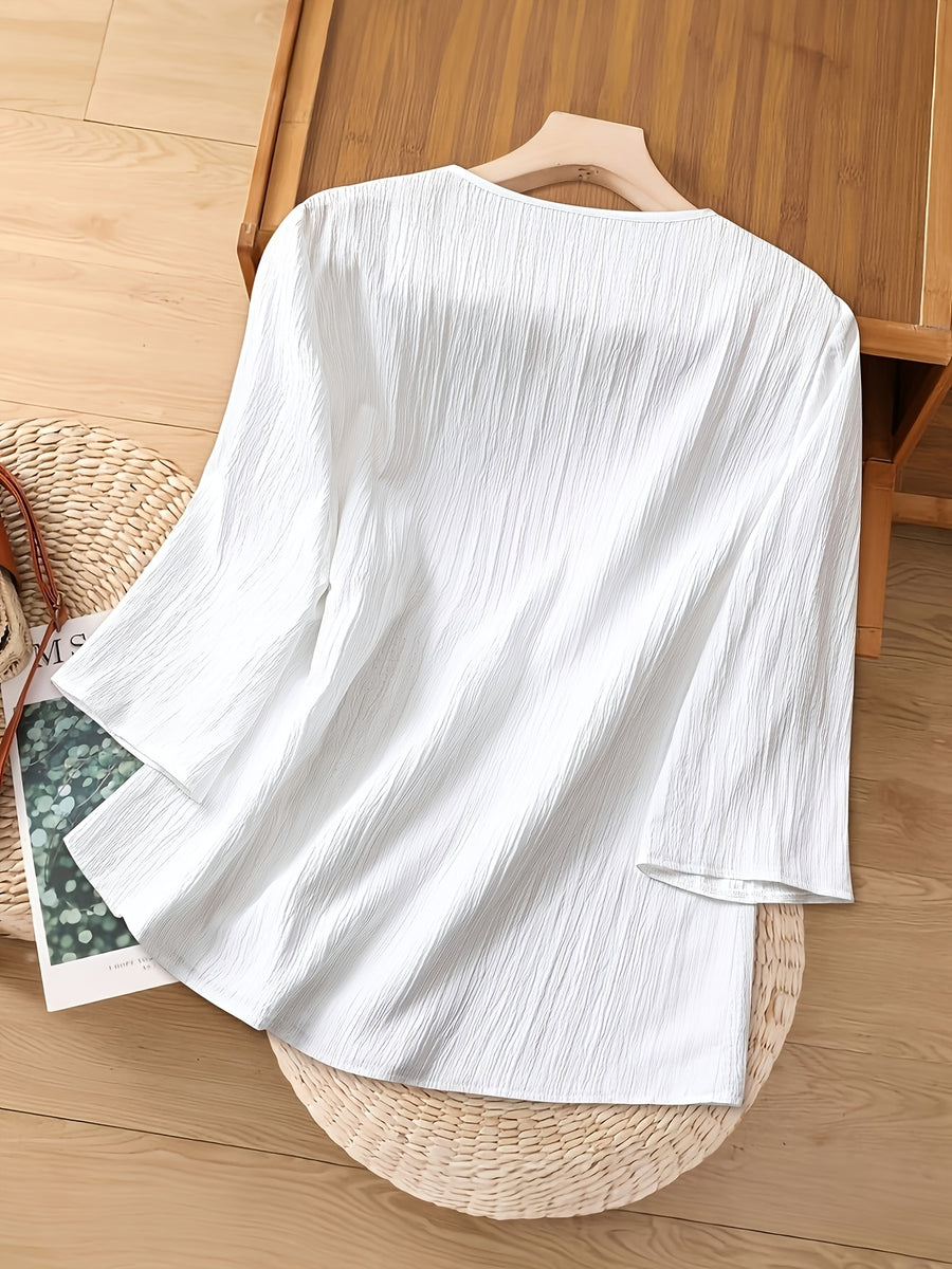 Ladies Color Contrast Lace Three Quarter Sleeve Loose Fashion Shirt - White