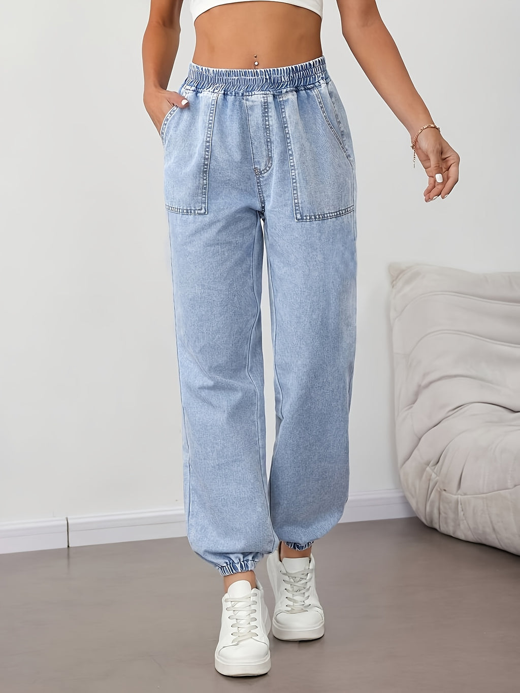 2026 Spring/Summer New Soft Denim Jogger Pants, Fashionable Women's Hot Outfit, Light Blue High-Waisted Elastic Waistband Cargo Harem Pants, Loose Fit Casual Women's Jeans, Large Pocket Waistband with Built-in Elastic Band Denim Long Pants - Light Blue