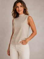 Women's Fashion Stand-Up Collar Sleeveless Slim-Fit Stretchy Basic Solid Color Undershirt Base Layer, Skin-Friendly and Soft, for Daily Office Commuting, Shopping, Dating, S,, and Layering Outfits - Khaki