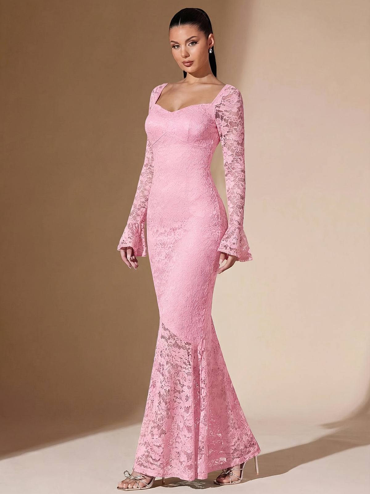 Women'S Elegant Lace Sheer Square Neck Backless Fitted Mermaid Black Long Dress, Party Elegant Evening Dress Women'S Birthday Dress - pink