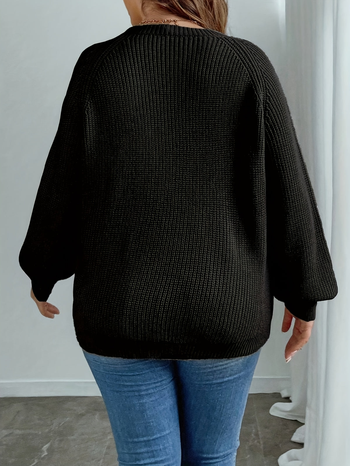 Elegant Long Sleeve Autumn/Winter Sweater with Butterfly Pattern | Crew Neck, Solid Color - Black
