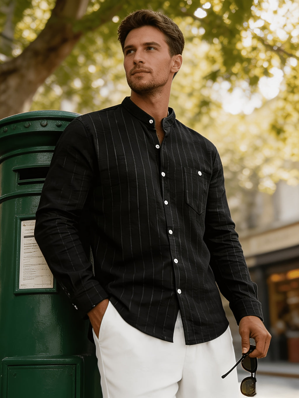 Men's Linen Long-Sleeve Striped Shirt for Spring, Autumn, and Summer, Suitable for Casual, Commuting, and Outings - Black
