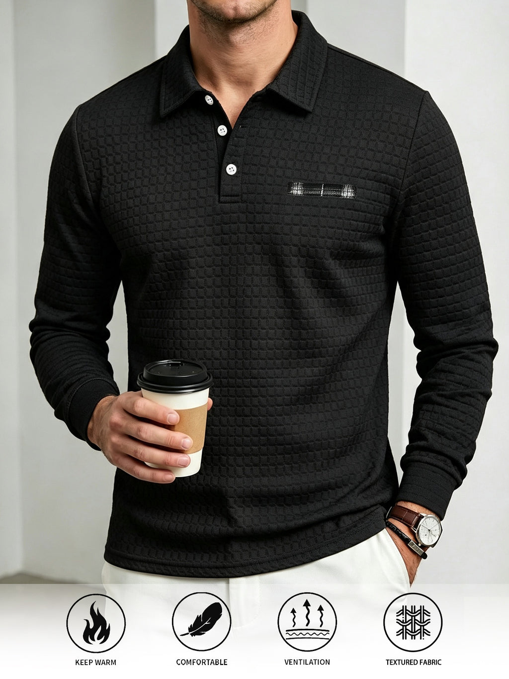 2pcs Men's Outdoor Casual Polo Shirt, Fashionable Jacquard Plaid Textured Polo Shirt with Random Plaid Fabric Texture Patchwork on Collar and Chest, Trendy Design, Spring and Autumn Warm Long-Sleeve Buttoned Knit Pullover, Street Vintage Versatile - Black+Light Grey